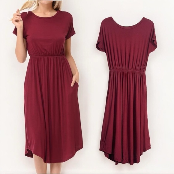 Iconic Luxe Dresses & Skirts - Short Sleeve Jersey Knit Midi Dress with Pockets Burgundy Size Small